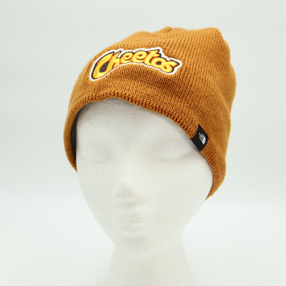 The North Face X Cheetos Mountain Beanie Ribbed Fleece Lined Timber Tan Logo - Picture 1 of 10